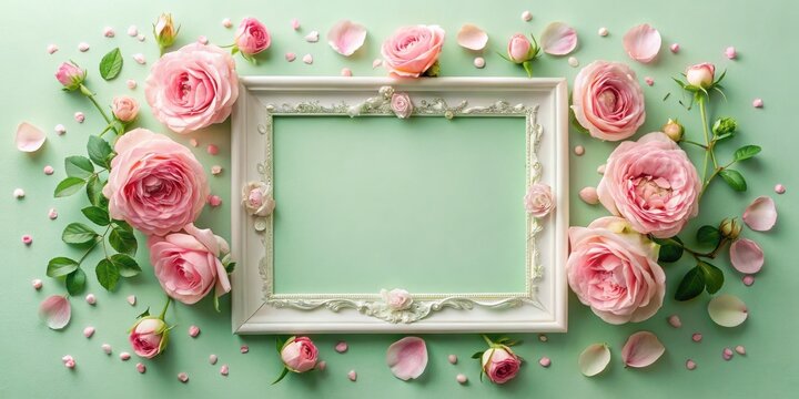 Ornate frame surrounded by delicate pink roses and petals on a pastel background - Powered by Adobe