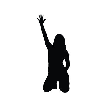 Woman silhouette kneeling hand raised, asking question, worship, begging, reaching, success concept vector