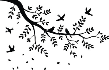 Birds on a Branch with Leaves Silhouette on White Background untitled vector