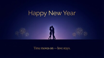 Happy new year 2026 poster, couple kissing at midnight	
