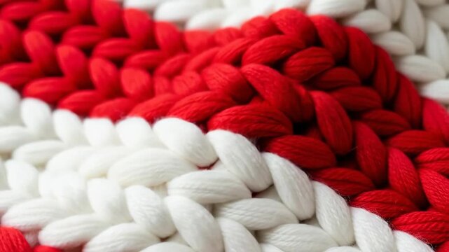 Closeup of knitted red and white wool fabric revealing texture and pattern in soft material