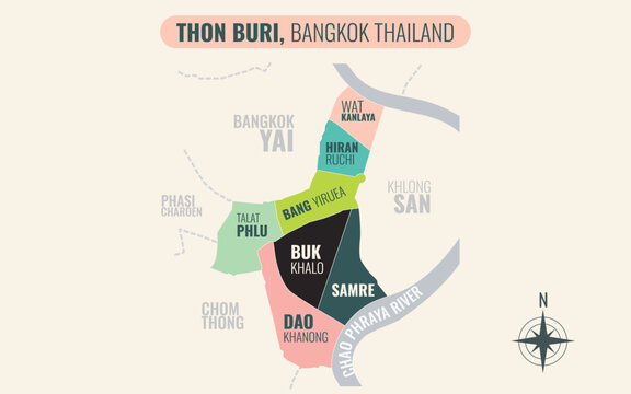 Map showing Thon Buri District Bangkok Thailand divided into sub-districts with minimalist colorful patterns