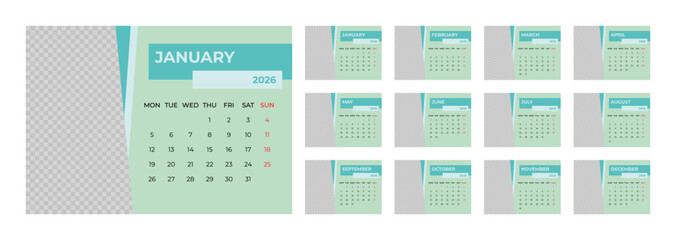 2026 Desk Calendar Template with Photo Space Landscape Format. Week Starts on Monday