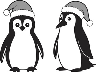 Fototapeta premium Two Cartoon Penguins Wearing Santa Hats on a White Background Keywords: penguin, animal, bird, cartoon, illustration, cute