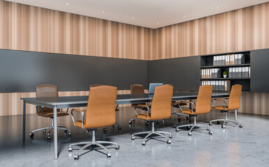 Stylish conference room with brown chairs and long table, modern graphic style, wood panel background. Concept of elegant office interior design. 3D Rendering