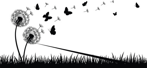 Dandelions and Butterflies Silhouette on White Background untitled vector