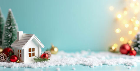 Small  Miniature white house decorated with Christmas ornaments, pinecones, and fir branches on a light blue background. Soft bokeh lights and empty text space