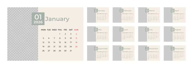 2026 Desk Calendar Template with Photo Space Landscape Format. Week Starts on Monday