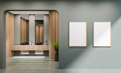 Modern bathroom interior with soft green walls, wooden slats, blank vertical posters on wall, tiled floor and elegant lighting. 3D Rendering
