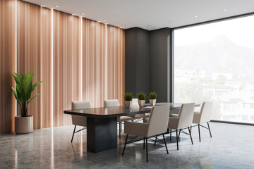 Modern office interior with wood panel wall and large window, minimalistic furniture, concrete floor background, concept of corporate design, 3D Rendering