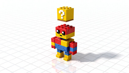 Obraz premium Cute 8-bit Pixel Robot Figurine Made of Building Bricks with Question Mark Block on White Digital Design Grid