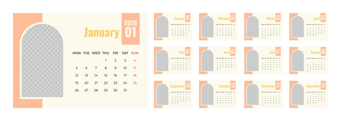 2026 Desk Calendar Template with Photo Space Landscape Format. Week Starts on Monday