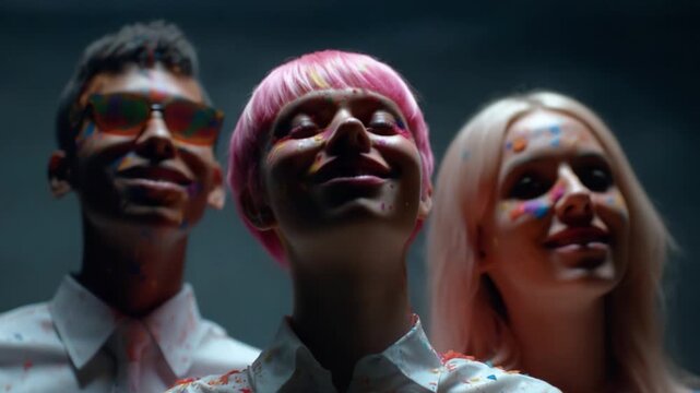 Celebration of Colors: A Triad of Joyful Expressions Amidst a Burst of Confetti and Paint Splashes in a Festive Atmosphere Showcasing Pure Happiness and Unity.