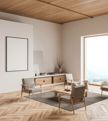 Fototapeta na wymiar Minimalist modern interior with wooden furniture, soft neutral tones, and large window with mountain view in calm natural background. 3D Rendering