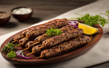 A moth watering shot  of a traditional indian kheema platter kebabs arranged in elegant modern wooden plate. on it, arranged neatly and garnished with green leaves and vegetables beautifully. kebab.