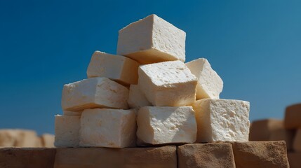 A stack of white food cubes sits outdoors against a clear blue sky