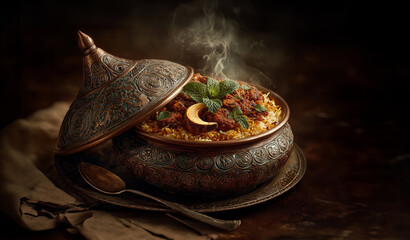 Delicious shot of  food photography of a traditional ornate metal pot with a partially opened dom look like a half moon. inside there is biriyani rice look like half crescent.  Creative biriyani.
