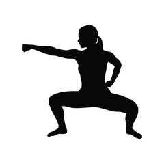 Strong woman silhouette in martial arts stance, fighting pose with clenched fist, self-defense vector