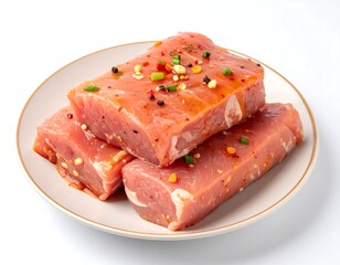 Three marinated pieces of raw meat, arranged on a white plate