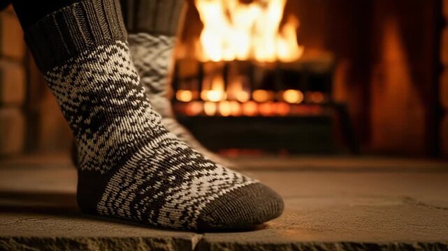 Cozy woolen socks by fireplace with flickering flames and relaxed ambiance