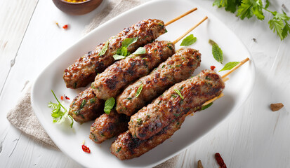 Kebab served in white plate. Platter kebab. delicious arabic food. Spicy kebab keema. 