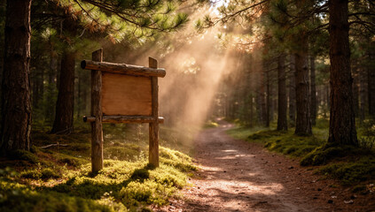 Fototapeta premium Rustic Wooden Blank Signboard Mockup on Forest Hiking Trail with Dramatic Sunbeams, Moss, and Misty Atmosphere