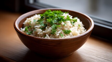 A wooden bowl filled with cooked rice and garnished with fresh green herbs sits on a wooden surface near a window