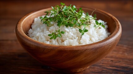 A close up of a rustic wooden bowl filled with steamed white rice garnished with fresh green herbs