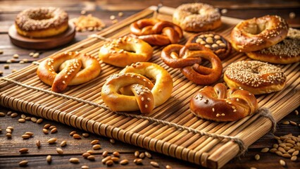 A delightful arrangement of freshly baked pretzels and bread rolls, artfully displayed on a rustic wooden surface, showcasing a variety of textures and flavors.