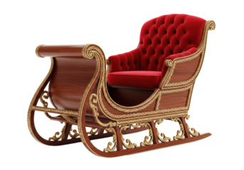 an opulent vintage christmas sleigh crafted from dark mahogany wood with golden filigree and plush cardinal red velvet seating, on a transparent background. luxurious holiday opulence concept