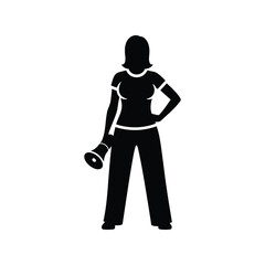Woman holding megaphone vector silhouette, female leader, protest message and public speaking icon, isolated black graphic EPS