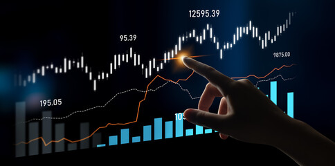A hand engages with a digital financial graph that highlights stock market growth, illustrated with charts and indicators, showcasing market dynamics. Scalp