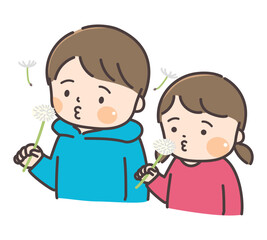 たんぽぽの綿毛を吹く小さな兄妹のイラスト