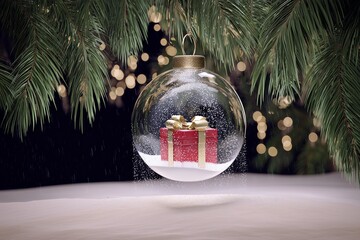 Christmas glass ornament with gift inside