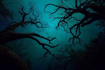 Dark forest with twisted branches at night