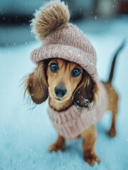 Cute dachshund puppy in winter outfit