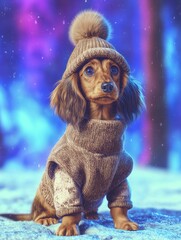 Dachshund puppy in warm knitted clothes