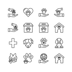 Comprehensive Line Icon Set for Animal Welfare and Pet Care, Featuring Symbols for Veterinary Support, Rescue, Donations, and Responsible Pet Ownership