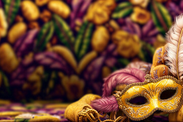 Golden carnival mask with feathers