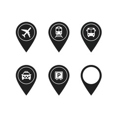 Vector map pin icons featuring common transportation methods like airplane, train, bus, taxi, and parking for navigation and travel service applications © HendriSurya