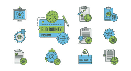 Blue and Green Bug Bounty Program Concept Icon with Crowned Bug Seal and Reward Coin.