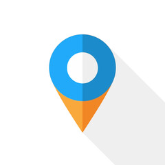 Blue and Orange Location Pin Icon with Long Shadow on White Background.