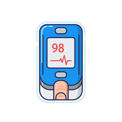 Blue and white cartoon pulse oximeter with finger, displaying 98 oxygen and red heartbeat waveform.