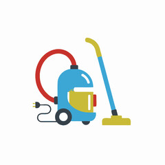 Blue canister vacuum cleaner with red hose and yellow attachments, flat vector illustration.