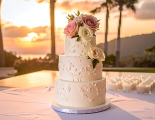 Three-tiered white cake with flowers, set on a table at sunset