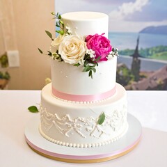 Three-tiered white cake with pink ribbon and flower arrangement