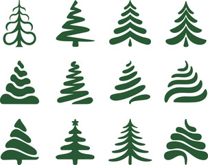 Collection of stylized green pine tree icons for winter and holidays