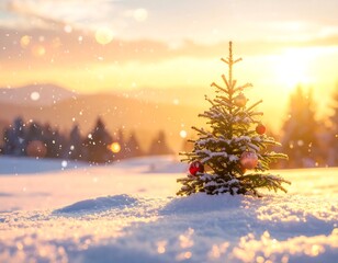 Tiny Christmas tree in snowy landscape with warm, golden light