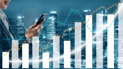 A business professional engages with smartphone data while surrounded by financial metrics and city lights, showcasing modern corporate analysis and success. Copula