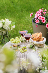 cocktails in the garden on a flower table